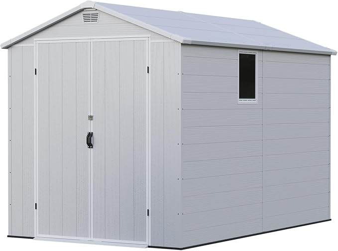 Patiowell 6 x 10 FT Plastic Outdoor Storage Shed with Floor, Resin Outside Tool Shed with Two Windows and Lockable Door for Garden, Backyard, Tool Storage Use, Easy to Install, Light Grey