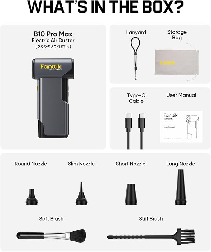 Fanttik B10 Pro Max Electric Air Duster, 130000RPM Brushless Motor, Compressed Air Duster, 6 Gears Adjustable, One-tap Booster, 28.8Wh Rechargeable Battery, Electric Duster for PC, Car, House, Outdoor