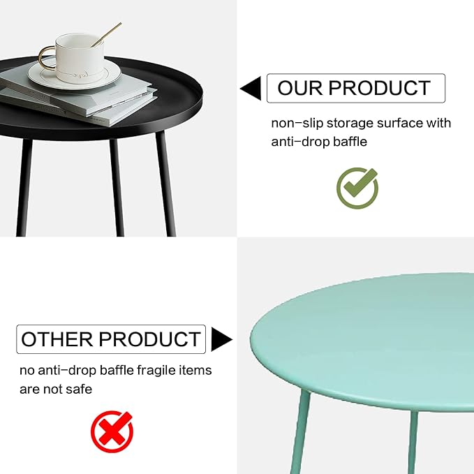 Babion Black Outdoor Side Tables, Small Outdoor Table, Round Patio Side Table Steel, Small Accent End Table for Patio Yard Garden, Indoor & Outdoor