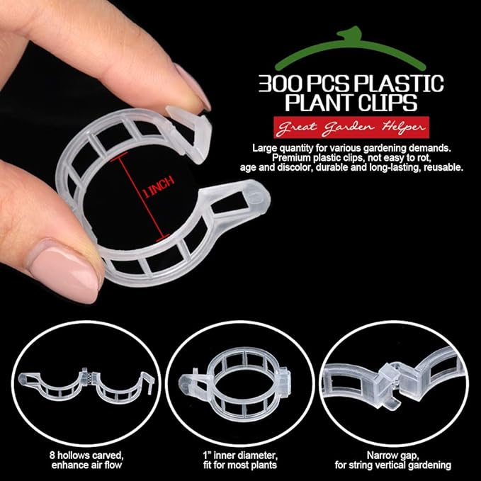 FANDAMEI 300 PCS Plant Support Clips, Plastic Garden Plant Ties, Tomato Clips Trellis for Tomato Cucumber Flower Squash Vine, 1” Inner Diameter for Climbing Plants