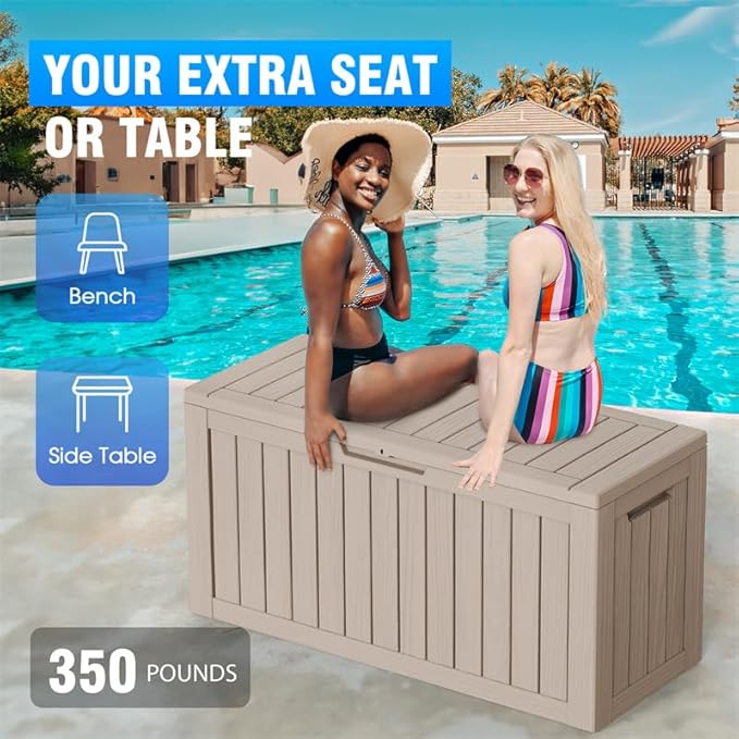 ROJIK Outdoor Storage Housing Deck Box - Waterproof Patio Furniture, Garden Tools, Cushions, Pool Accessories Storage Bench with Lockable Lid and Side Handles (Grey 88 Gal)