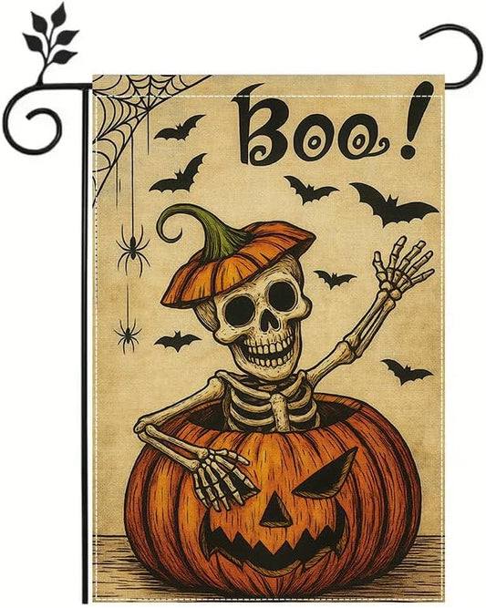 Halloween Garden Flag 12x18 Inch Boo Skeleton Pumpkin Yard flag Double Sided Spooky Outdoor Lawn Porch Patio Party Decoration Holiday Decor