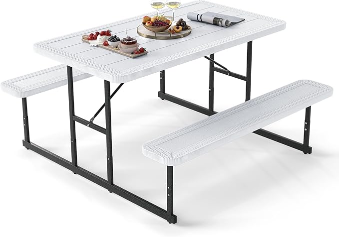 Giantex Picnic Table Bench Set for 4 People, 4.5FT Outdoor Rectangular Dining Table & 2 Benches w/Umbrella Hole, HDPE Tabletop, Metal Frame, Patio Garden Backyard Poolside (4.5FT,Non-Foldable,White)