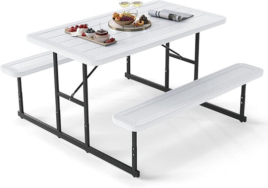 Giantex Picnic Table Bench Set for 4 People, 4.5FT Outdoor Rectangular Dining Table & 2 Benches w/Umbrella Hole, HDPE Tabletop, Metal Frame, Patio Garden Backyard Poolside (4.5FT,Non-Foldable,White)