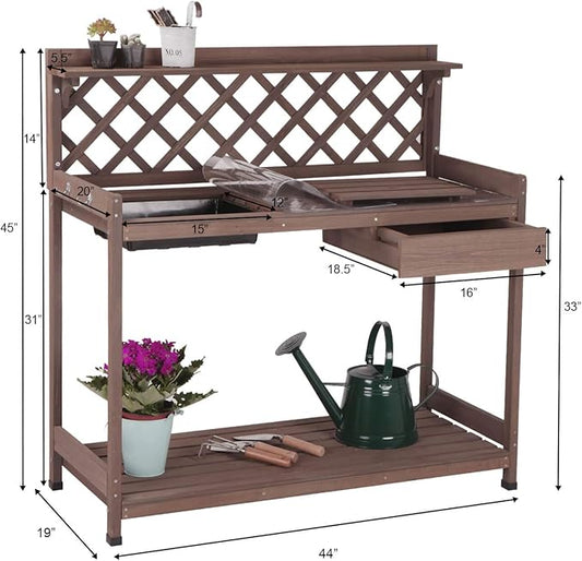 GUTINNEEN Potting Bench with PVC Layer, Sink, Lid, Gardening Work Bench Wooden Planting Table Outdoor with Storage, Drawer, Shelf, Hook