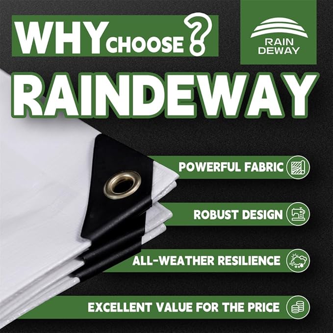 RAINDEWAY 12 Mil Heavy Duty White Tarp 15x20 Feet, UV Resistant, Waterproof, Weatherproof Poly Tarp with Metal Grommets and Reinforced Edges