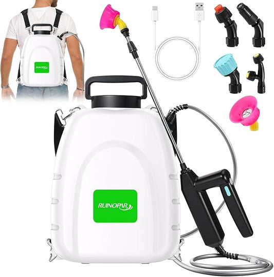 Battery Powered Sprayer 3.2 Gallon,Powerful Electric Sprayer with 5 Mist Nozzles,Rechargeable Handle, 41 in Retractable Wand,Adjustable Shoulder Strap,for Lawn, Garden, Cleaning