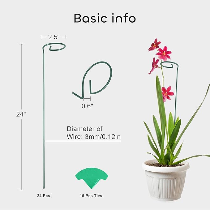 GROWNEER 24 Packs 24 Inches Plant Support Stakes, with 15 Pcs Plant Labels, Garden Single Stem Flower Support Stake, Plant Cage Support Rings for Flowers Amaryllis Orchid Peony Lily Rose