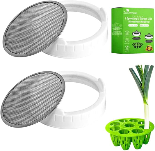 Sprouting Lids & Green Onion Regrower for Wide Mouth Mason Jars. Sprouts Growing Kit for Bean Sprouts, Broccoli Organic Sprouts