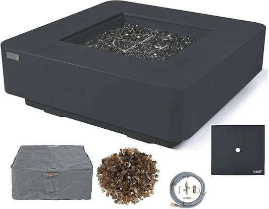 Elementi+ | Bergamo Gas Fire Pit Cast Concrete 42" Square Fire Table, Outdoor Fire Pit Electronic Ignition | Canvas Cover, Fire Glass and Burner Lid Included | Dark Gray | Natural Gas