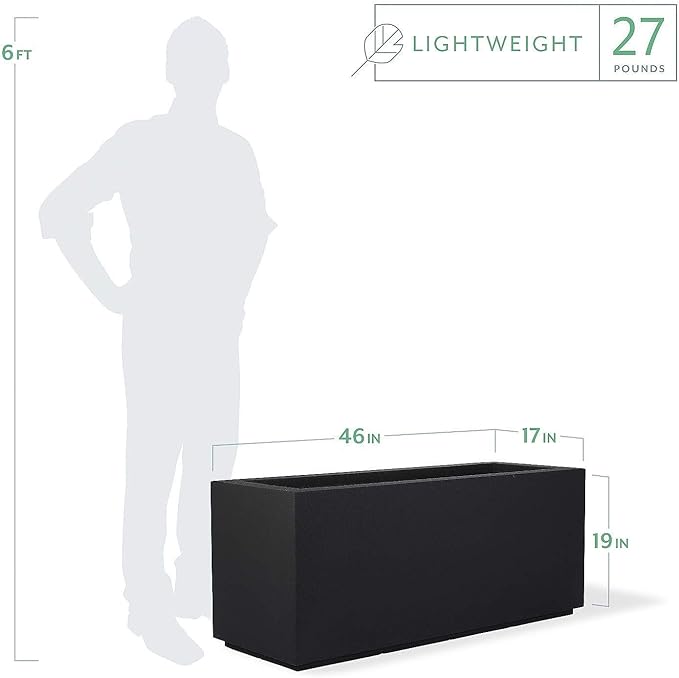 PolyStone Milan Tall Modern Outdoor/Indoor Rectangular Trough Planter, 46" L X 17" W X 19" H, Lightweight, Heavy Duty, Weather Resistant, Polymer Finish, Commercial and Residential (Black)
