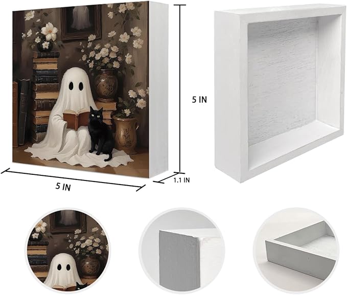 Mtrgdn Cute Halloween Decor,Halloween Decorations Indoor,Ghost with Black Cat Desk Decor Wooden Box Sign,Halloween Home Office Kitchen Bathroom Bedroom Coffee Bar Table Shelf Wall Decorations,5x5 Inch
