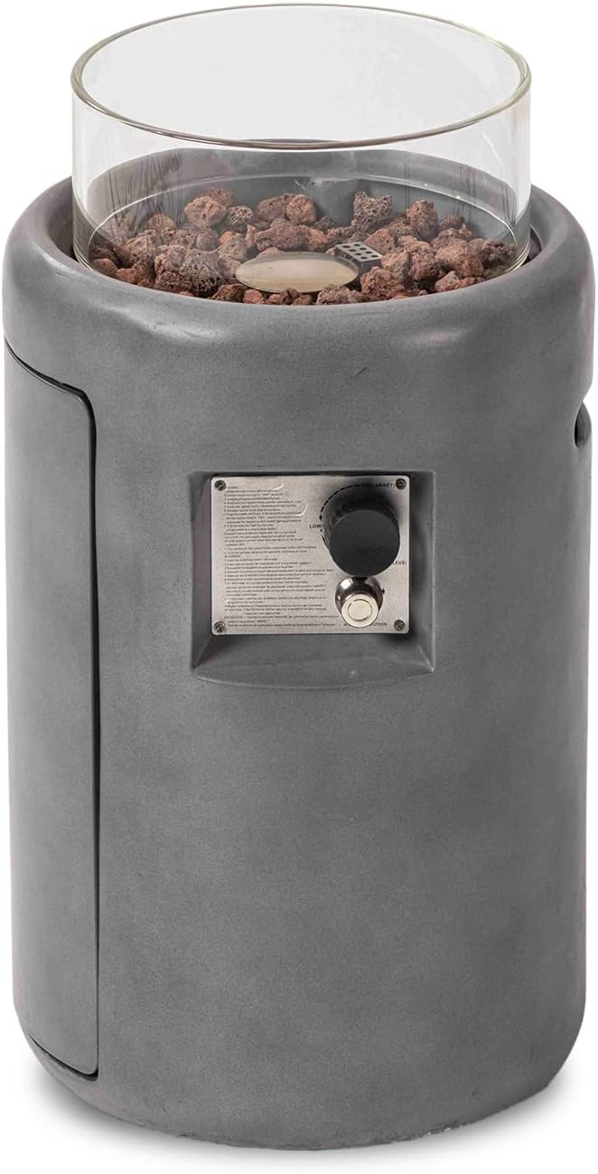 SUNBURY Outdoor Propane Fire Pit, Stone Like Fire Pit Table with Glass Wind Guard, Waterproof Cover, 40000BTUS Small Column Firepit Garden Lighting, CSA Certified (Grey)