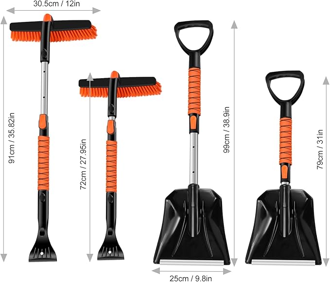 Odoland Ice Scraper with Snow Brush and Snow Shovel, 35" Extendable Snow Remover with Foam Grip, 360° Pivoting Brush Head for Car Windshield, Emergency Snow Scraper for SUV Truck Vehicle, Orange