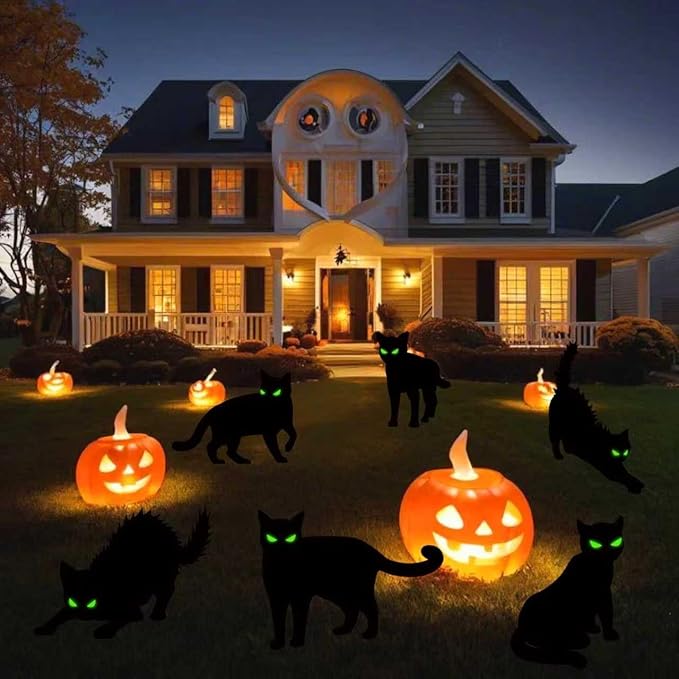 Halloween Yard Signs - 6 PCS Black Cat Decorations with Stakes for Outdoor Scary Silhouette with Glowing Eyes Waterproof Corrugated Plastic Lawn Decor