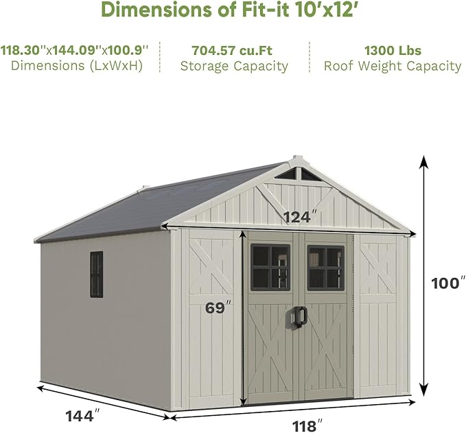 Patiowell 10x12 FT Outdoor Storage Shed with Floor and Lockable Door, All Weather Plastic Shed Garden Shed with Skylight and Multiple Windows for Backyard, Patio, Lawn, Beige