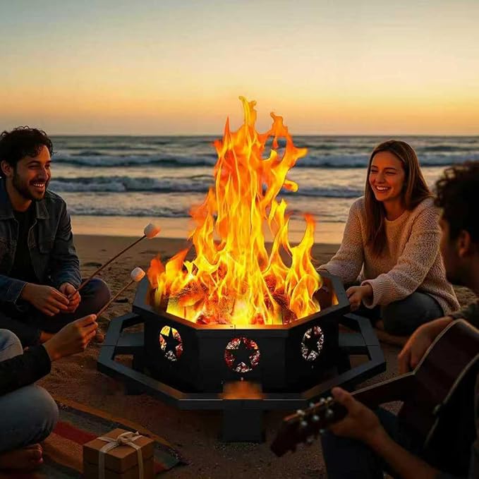 43 inch fire Pit for Outside Wood Burning, Outdoor Octagonal Fire Pit with Poker, Large Firepit for Camping, Backyard, Patio, Black