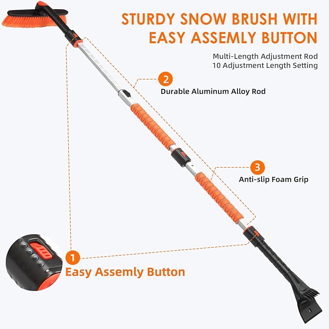 AstroAI 62.4" Ice Scrapers for Car Windshield and Extendable Snow Brush with Foam Grip and 360° Pivoting Brush Head for Christmas Car Auto Truck SUV(Orange)