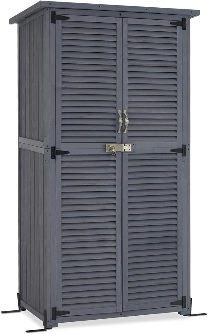 MCombo Outdoor Storage Cabinet, Wooden Storage Shed with Latch, Outside Garden Tool Shed with 2 Doors for Patio Yard Lawn, 0808 (Grey, Medium)