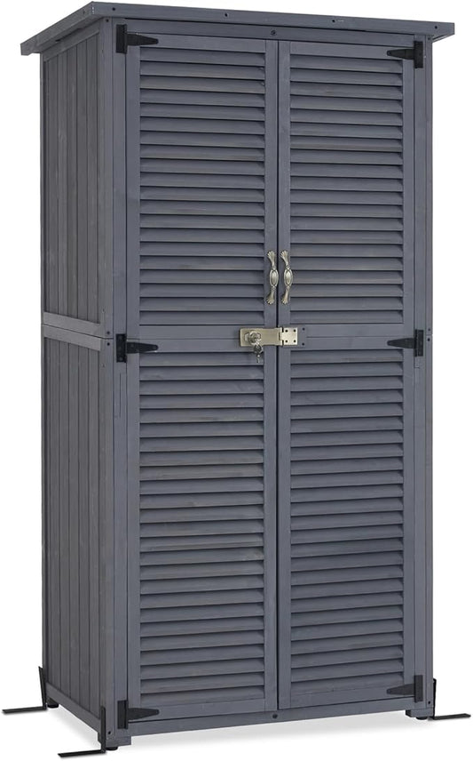 MCombo Outdoor Storage Cabinet, Wooden Storage Shed with Latch, Outside Garden Tool Shed with 2 Doors for Patio Yard Lawn, 0808 (Grey, Medium)