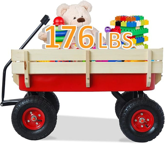 176 lb Kids Wagon Cart, 85L Large Capacity Durable Outdoor Tool Cart, Heavy Duty Cargo Wagon, Steel and Wooden Side with 10 Inch Inflatable Wheels, for Kids, Toys, Sport, Shopping (Red)