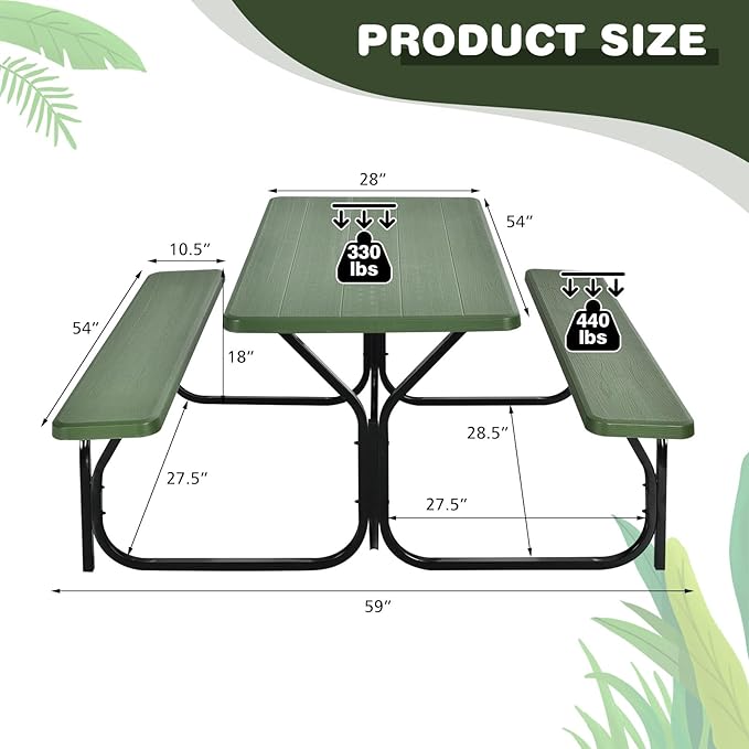 Moccha Picnic Table Bench Set - Portable Plastic Picnic Table w/Steel Frame & Wood-Like Texture, All Weather Heavy Duty Picnic Table Kit, Picnic Tables for Outdoors Garden Patio Party Dining (Green)