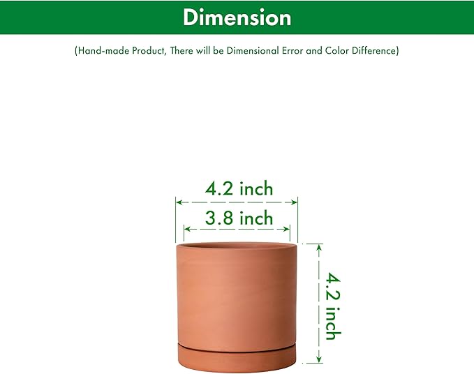 D'vine Dev X-Small 4 Inch Terracotta Plant Pot with Drainage Hole and Saucer, Round Cylinder Planter Pot for Indoor Plants, Set of 2, 40-X-B-1