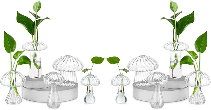 Hewory Mushroom Jars for Plants, 10pcs Clear Glass Mushroom Bud Vase for Flowers, Unique Plant Propagation Stations Propagating Vases Decor, Mini Cute Hydroponic Terrarium Planter for Indoor Planters