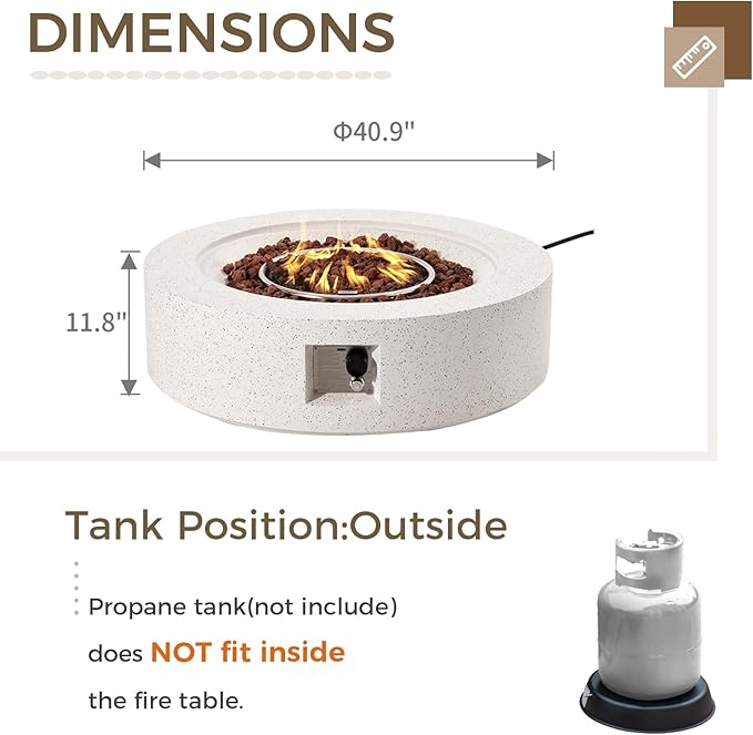 SUNBURY Outdoor 42inch Propane Fire Pit Table, 50,000 BTU Spotted White Patio Fire Table, Concrete Round Gas Fire Table w Lava Rocks (Tank Outside)