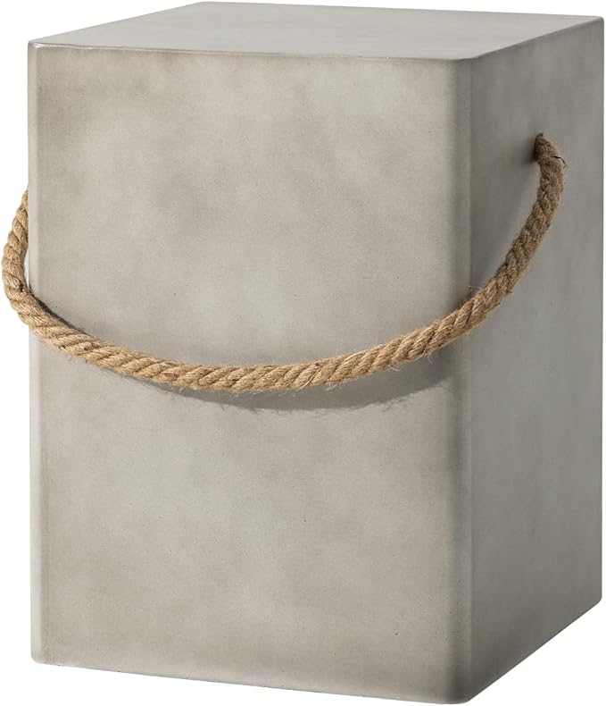 COSIEST Concrete Side Table, Rectangular Outdoor Side Table w Hemp Rope Handles,15''Patio Side Tables End Table, Outdoor Accent Coffe Table for Garden and Patio, Grey