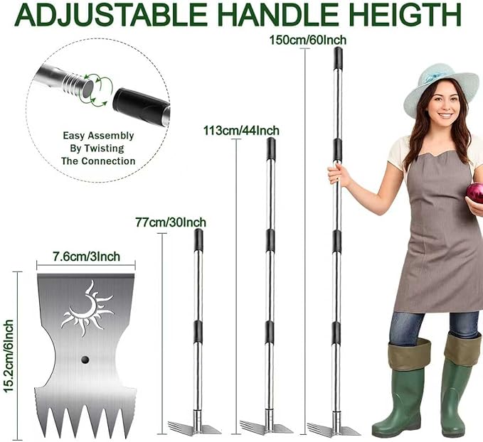 Weed Puller Tool with Long Handle, 60inch Manual Weeder Remover Tool, Stainless Steel 2 in 1 Hand Weed Rake for Gardening, Heavy Duty Uprooting Weeding Pull for Garden, Lawn,Yard, Patio
