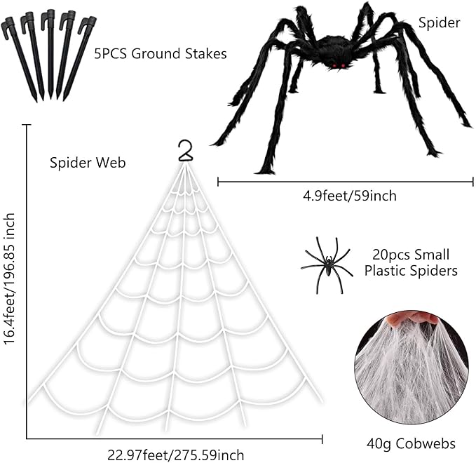 276" Halloween Spider Web 59" Giant Spider Decorations 20 Fake Spiders with Triangular Huge Spiders Web for Yard Lawn Garden Patio Scary Outside Decor-Indoor Haunted House Prop Party Halloween Décor