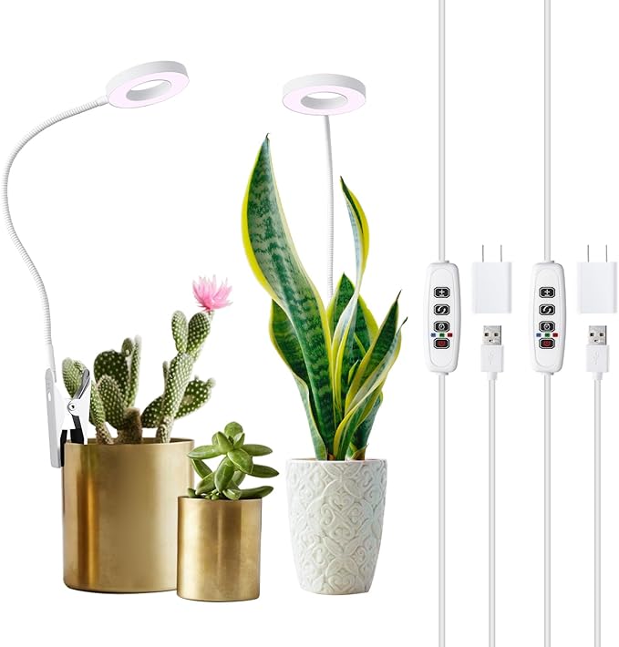 White LED Halo Ring Pot Clip Plant Grow Light for Indoor Small Plants, Red+Blue+Yellow Full Spectrum Grow Lamp with 360°Gooseneck, 3/9/12H Timer & 10 Dimmable Levels, Adapters, Angel Ring 2 Pack