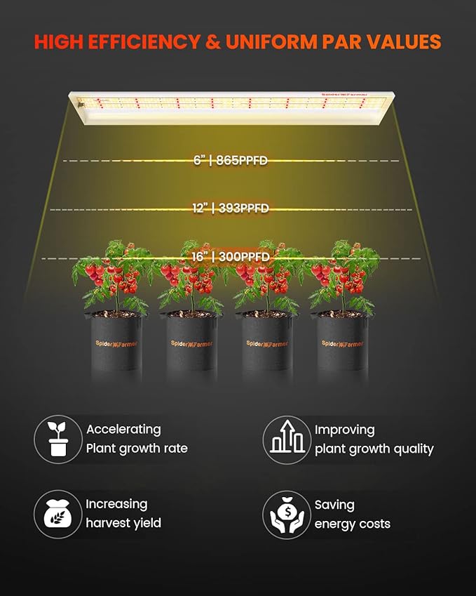 Spider Farmer SF600 LED Grow Lights 2x4 ft Coverage Sunlike Full Spectrum Plant Growing Lamp for Indoor Plants Seeding Veg Flower Energy Saving & High Efficiency Grow Light 384 Diodes