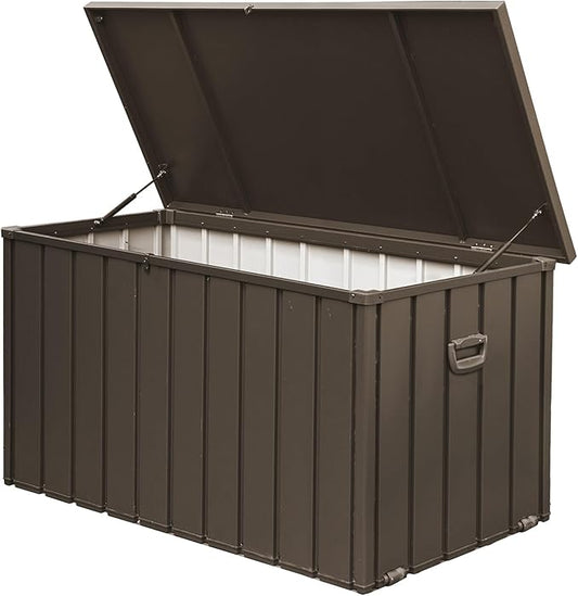 CHUNLY Metal Deck Box, 200 Gallon Outdoor Waterproof Storage Box w/Lockable Lids, Outside Bench w/Mobility Rollers, Patio Storage Bin for Furniture Cushions, Pool Supplies & Garden Tools (Dark Brown)