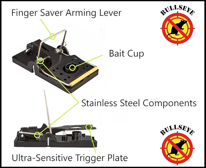 Bullseye - 6 Pack - Rat Traps - Indoor/Outdoor, Reusable, Easy Setup, Powerful Stainless Steel Spring, Tough ABS Body. Set Safely Without Getting Snapped. Great for Rats, Chipmunks & Other Rodents