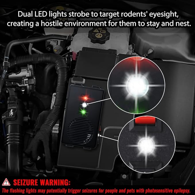 Rodent Repellent for Cars Battery Operated Ultrasonic Mice and Rat Deterrent with LED Flashlights, Wireless Under Hood Animal Repeller Pest Control Device for RV, Truck, and Vehicle Engine Protection
