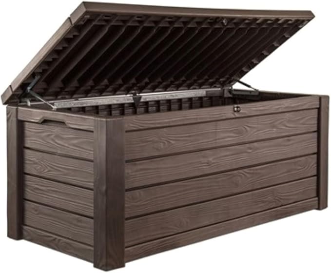 Keter 150 Gallon Resin Large Deck Box Organization and Storage Box for Patio, Outdoor Cushions, Garden Tools, Brown