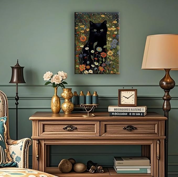 Gothic Black Cat Wall Art - Framed Canvas Print of Mystic Garden, Dark Academia Decor, Witchy Bathroom & Bedroom Art, Memorial Gift for Cat Lovers, 11.5x15 Inch