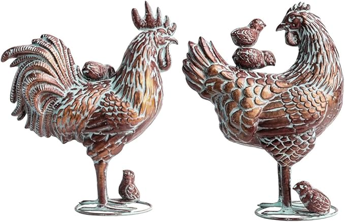 Metal Rooster & Hen with Chicks Garden Sculpture Statue Outdoor Decor Yard Art Chicken Decoration Set Garden Sculptures & Statues for Home Backyard Patio Lawn Decorations