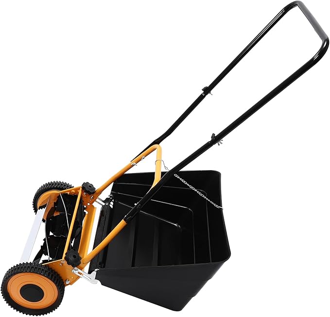 Lawn Mower, Wheeled Reel Mower with Grass Catcher Adjustable Height Manual Reel Push Walk Behind Dual for Cottage, Residential, Backyard, Park Landscaping (16 Inch)