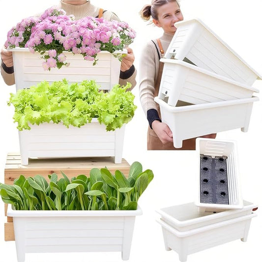 FAMZ Self Watering Planters Pots for Indoor Plants, 3 Pack 18.9 Inch Plastic Window Boxes Planters Herb Planter, Rectangle Rectangular Planter Windowsill Planters with Drainage and Saucer (White)