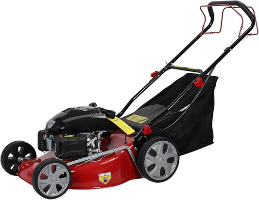 20-Inch Self Propelled Gas Lawn Mower with 141CC 4-Cycle Engine | 7-Position Height Adjustment (9.85-29.55 inches) Push Lawn Mower with 50L Grass Tank, Big Wheels ﻿ Red