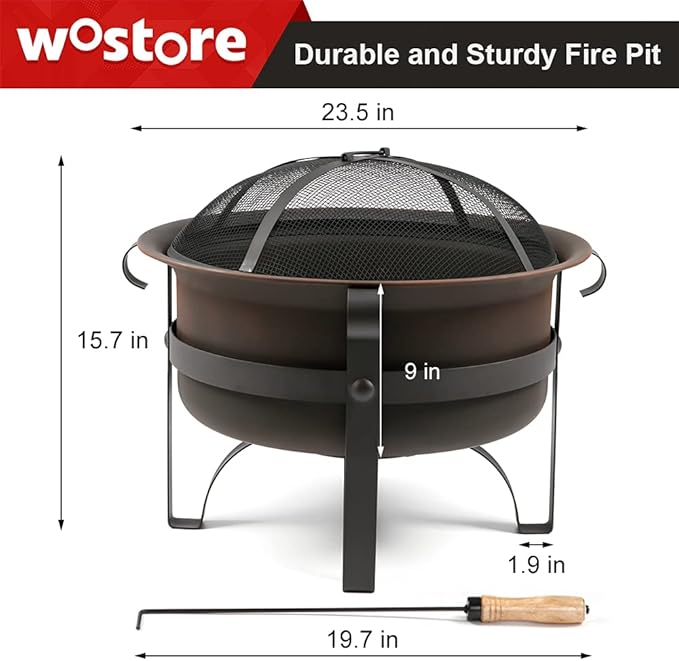 Wostore Wood Burning Fire Pits for Outside 23.5 Inch Portable Bronze Cauldron Camping Bonfire Patio Backyard Fireplace with Spark Screen and Poker