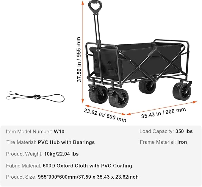 VEVOR 350lbs Collapsible Foldable Wagon Cart, Heavy Duty Foldable Utility Beach Wagon with Big Wheels, Portable Grocery Camping Cart with All Terrain Wheels and Drink Holder