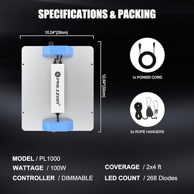 Phlizon PL1000 Dimmable Plant LED Grow Light Full Spectrum Grow Lamp for Indoor Plants Waterproof Zero Noise LED Growing Light