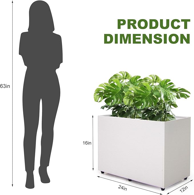 2 Pack Planter Box Rectangular Block - 24×16×12IN Galvanized Steel Long Box Planter Easy Installation Modern Outdoor Tall Planters All-Weather Use with Drainage Holes for Patio/Porch(White)