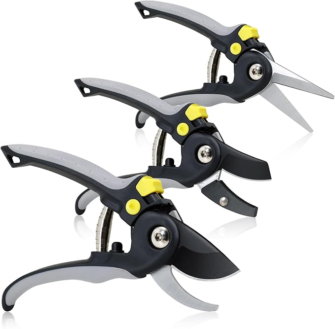 Jardineer 3PCS Pruning Shears Set for Gardening, Bypass Pruning Scissors & Anvil Pruners with SK5 Blades, Garden Clippers for Women Arthritic Hands