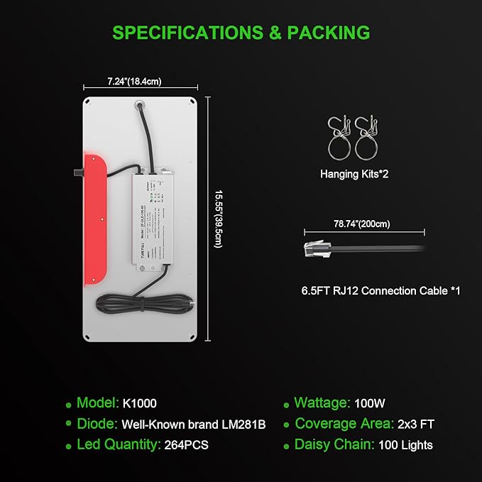 AGLEX K1000 LED Grow Light, 2024 Upgraded Grow Light with Daisy Chain & Dimmable, Full Spectrum Plant Grow Lights for Hydroponic Indoor Plants Seeding