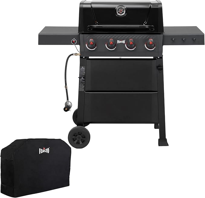 4 Burner Gas Grill, Outdoor BBQ Grill with Side Table for Patio & Backyard Barbecue, Enameled Coated Chamber Body with Porcelain-Enameled Grates, Grilll Cover Included, 36,000 BTU, Black